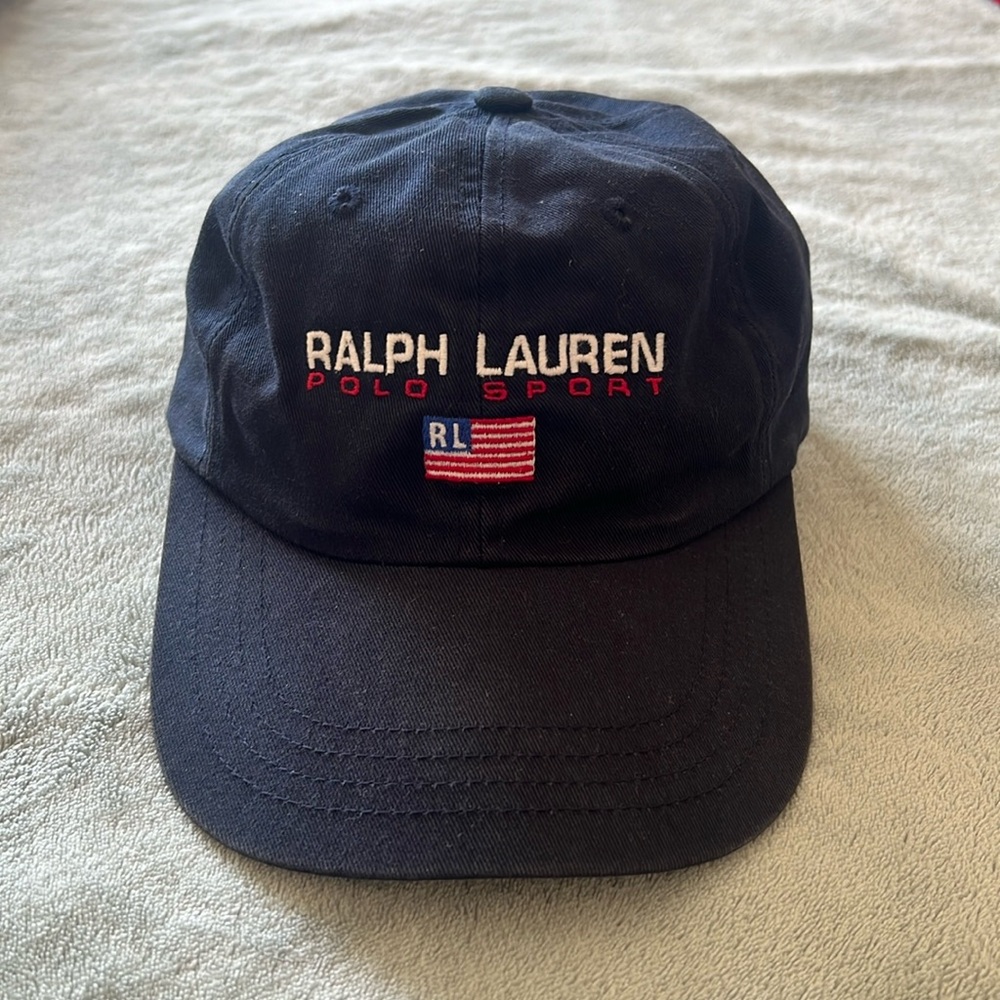 Vintage Ralph Lauren Polo Sport USA Flag Cap, 90s cap navy blue
